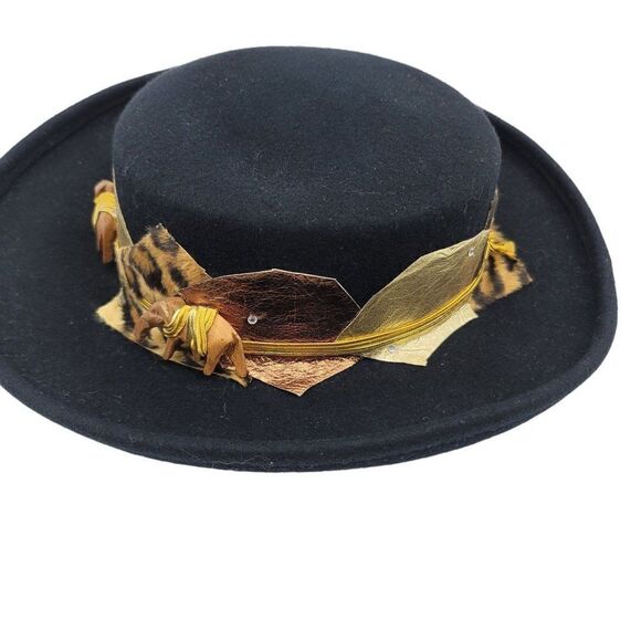 Vintage 50\'s Womens Sonni Hat Fedora Black Gold‎ Animal Patchwork Accent Madonna